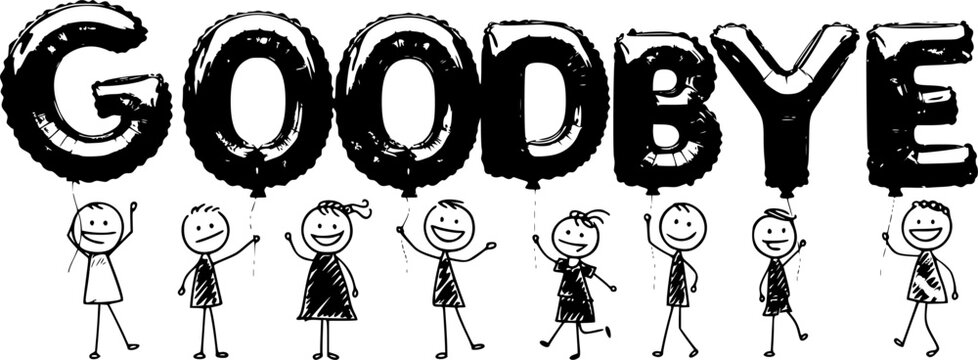 GOODBYE smiling stick figures holding golden balloon letters

