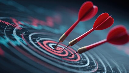 Red darts hitting bullseye on target graphic