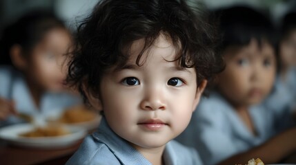 Group of Asian children eating lunch at a school canteen