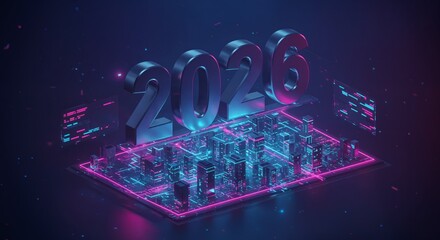 Metallic chrome numbers 2026 floating holographic cityscape with neon lights and cyberpunk glow