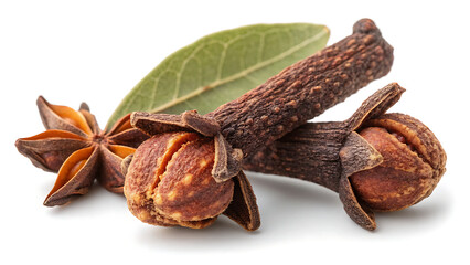 Aromatic cloves, star anise, and bay leaf create a flavorful and fragrant spice blend isolated on white background