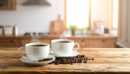 Obraz premium Two steaming coffee cups on a rustic wooden table in a bright kitchen