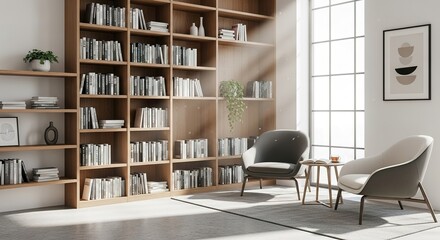 Sunlit Reading Nook with Floor-to-Ceiling Bookshelves and Modern
