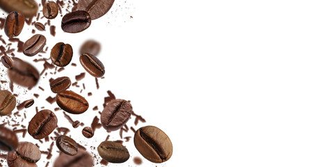 Roasted coffee beans flying against white background