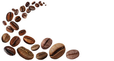 Naklejka premium Roasted coffee beans flying against white background