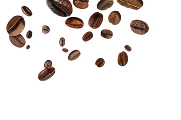 Roasted coffee beans falling against white background