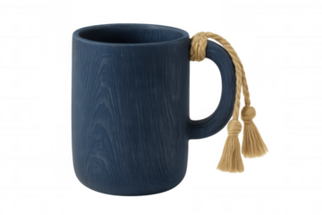 Ceramic blue mug with wooden-like texture, rope tassels hanging, presenting rustic design aesthetic against transparent backdrop, highlighting minimalist beverage container
