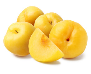 Whole and cut ripe cherry plums isolated on white