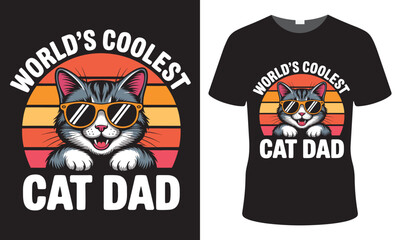 Cool cat dad t shirt design featuring a retro sunset and a stylish feline wearing sunglasses celebrating fatherhood
