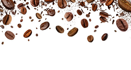 Roasted coffee beans falling against white background