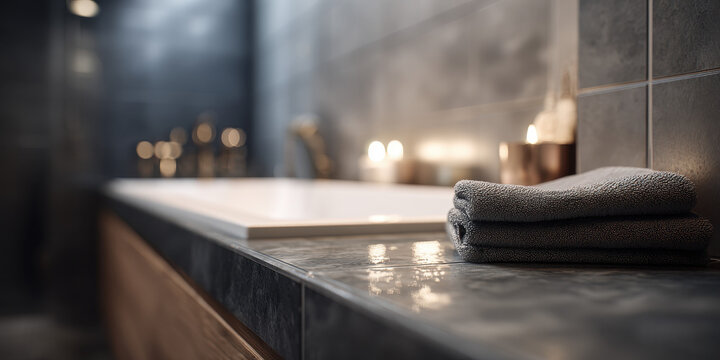 Luxurious modern bathroom interior with dark tiles and soft candle lighting. - Powered by Adobe