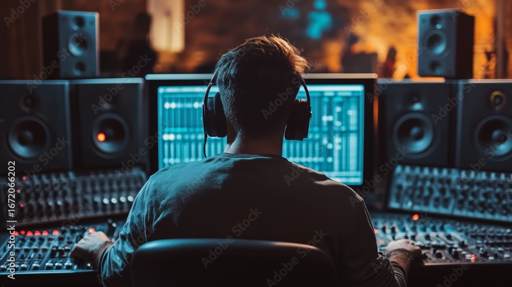 Poster music producer working in studio with sound mixing equipment and computers