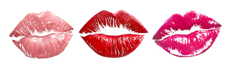 Lipstick kiss marks in different colors on white background, set
