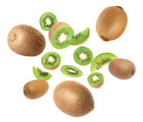 Fototapeta premium Tasty fresh kiwi fruits swirling in air against white background