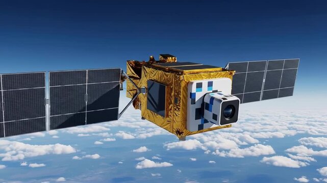 Satellite orbits above earth s atmosphere Solar panels capture sunlight Technology advances space exploration Blue skies and puffy clouds create serene backdrop
