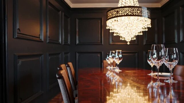 intimate and elegantly appointed dining area featuring dark walls complemented by golden illumination from ornate overhead light fixture