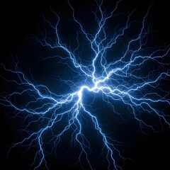 Electric blue lightning bolts strike out from a central point against a dark, black background, creating a dramatic and dynamic visual effect.