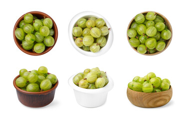 Fresh green gooseberries in bowls on white background, set. Top and side view