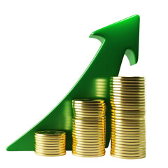 Green upward arrow graph with stacks of gold coins isolated on transparent background