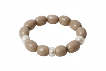 Brown oval beads and white pearls forming delicate bracelet, showcasing elegant jewelry design against transparent backdrop