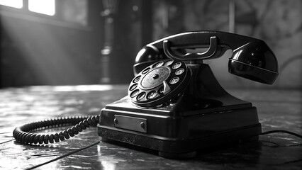 Vintage rotary dial telephone bathed in dramatic sunlight on a textured floor