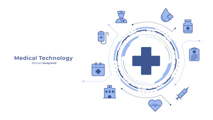 Concept of healthcare system and hospital medicine tech. Health cross icon with medical signs on blue HUD frame and circuit. Patient service and medical care technology concept. Vector illustration.