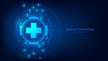 Concept of health innovation and medicine tech. Health cross icon on futuristic glowing HUD and circuit background. Health insurance business and health care medical science. Vector illustration.