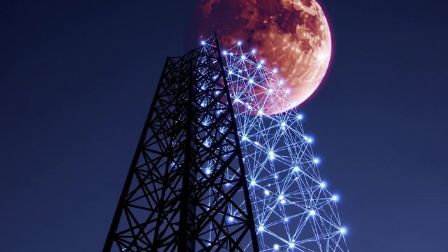 Lattice Tower for Wireless Communication Positioned Against Night Sky Illuminated by Fully Illuminated Lunar Disc