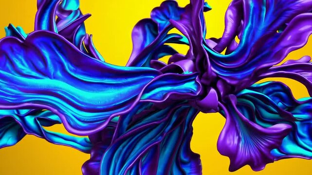 Computer-generated amorphous forms in shades of azure and violet situated upon golden-yellow backdrop, representing non-figurative arrangement