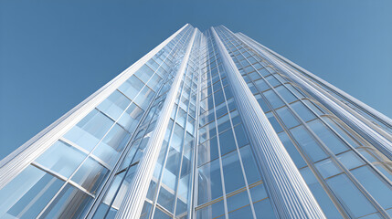 Obraz premium Modern glass skyscraper with clean vertical lines and reflective windows, corporate architecture, daylight scene, 3D render --ar 16:9