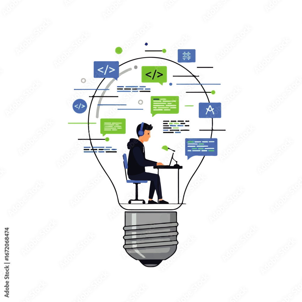Fototapete a programmer sits at a desk inside a lightbulb, surrounded by code icons, representing innovation an