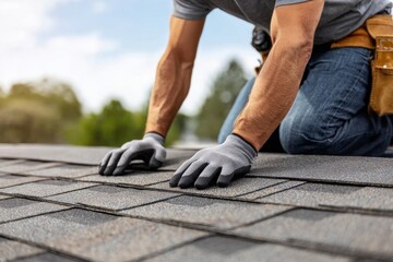 Close-up of a person's hands in grey work gloves installing or inspecting asphalt shingles on a roof under a blue sky.