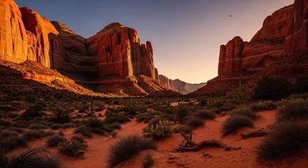 Desert canyon scene with towering red rock formations, sunlight illuminating the stone faces. Sparse vegetation dots the foreground and distant mountains