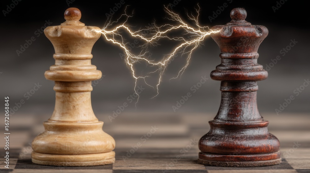 Poster intense chess game in progress featuring a lightning bolt symbolizing strategy and tension in quantu
