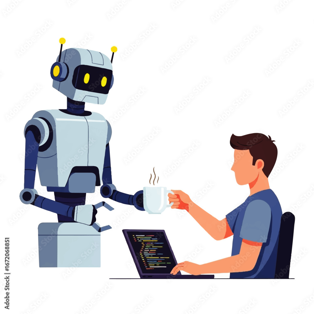 Poster a robot is offering a cup of coffee to a person working on a laptop with code displayed on the scree