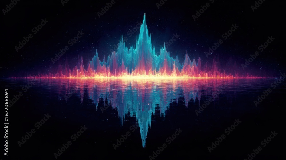Poster vibrantly colorful sound wave illustrating dynamic frequencies captured through quantum-assisted liq