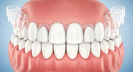 A close-up view of a set of human teeth and gums presented in a detailed 3D render This imagery is ideal for dental education healthcare awareness and promotional materials