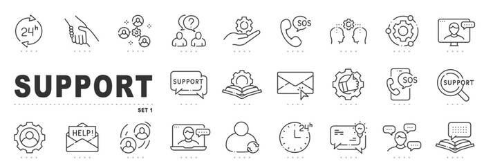 Clean line icons for customer support: helpdesk, livechat, hotline, email, troubleshooting, 24h service, operator consultation, documentation, knowledgebase, editable stroke set