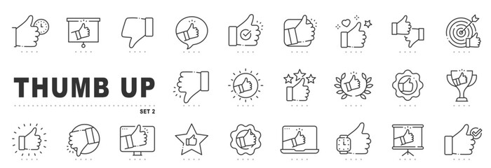 Thumb up line icons for like, approval, dislike, rating, target success, trophy, checkmark, social media; clean vector outline, editable stroke