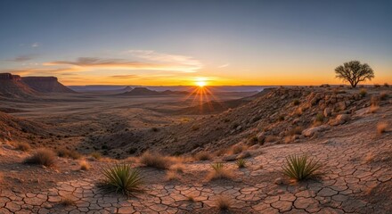 A panoramic desert vista at dawn, sun rising over mesas with rays of light, sparse vegetation, cracked earth, and a solitary tree
