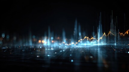 Abstract data visualization, dark background, glowing lines, city lights