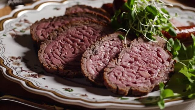 Plate of assorted meat delicacies including meatloaf, roast beef, and sausage, decorated with lettuce leaves and microgreens for festive event table