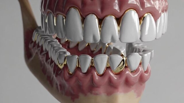 Digitally created three-dimensional representation of dental arch featuring various restorative inlay types