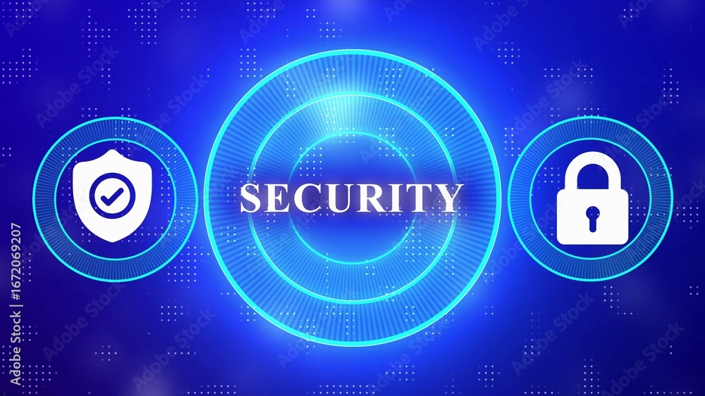 Poster security concept with shield and lock icons on blue background digital technology
