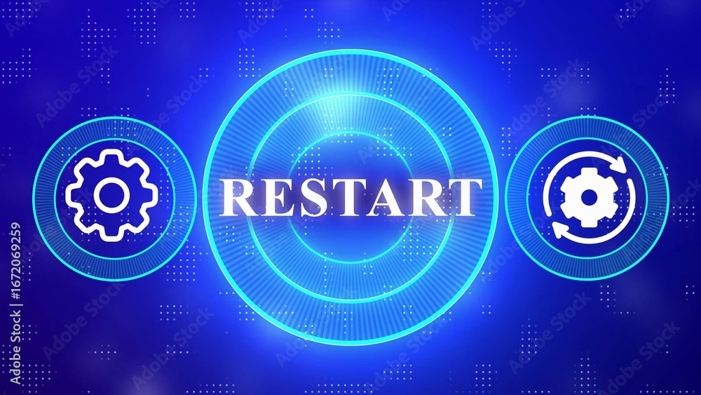 Poster digital restart concept with gear icons and concentric circles on blue background technology cogwhee