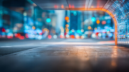 A blurred cityscape with vibrant lights, showcasing an urban tunnel and dynamic traffic in a modern metropolis.