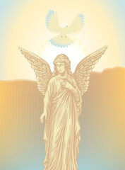 Vector drawing of a guardian angel with wings and a dove instead of a halo, standing on water in a classic style. Angel-Theme of death, religion and holiness. Suitable for poster, flyer, postcard. 