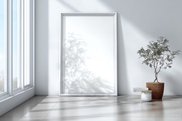 A bright and minimalistic interior scene featuring a blank frame and a potted plant, creating a serene atmosphere.