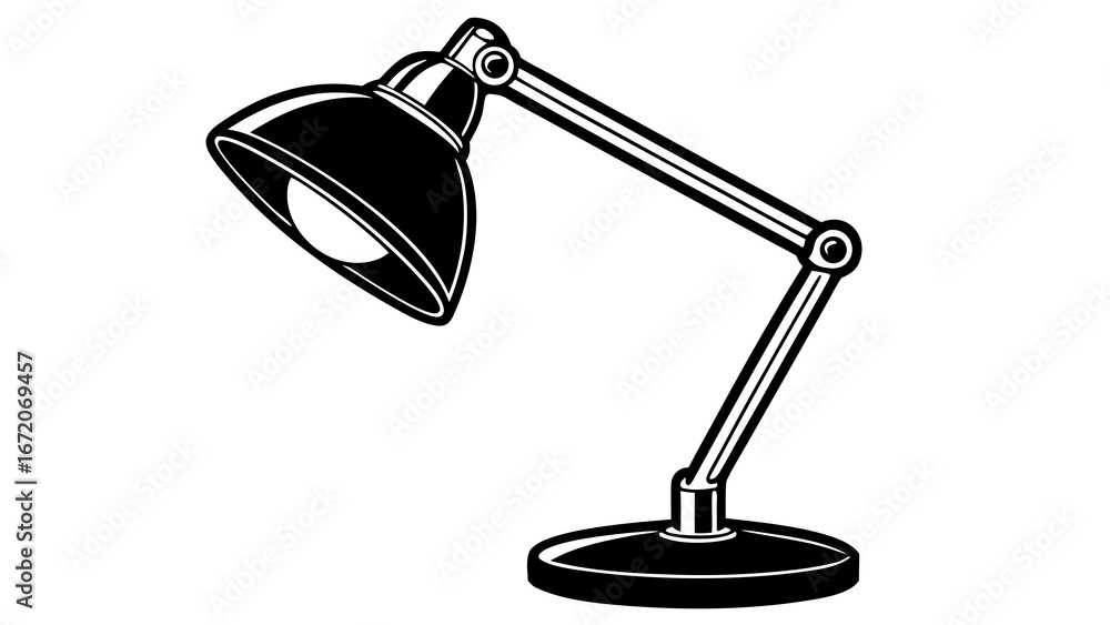 Poster illustration of a black and white articulated desk lamp with a round base and a visible lightbulb cr