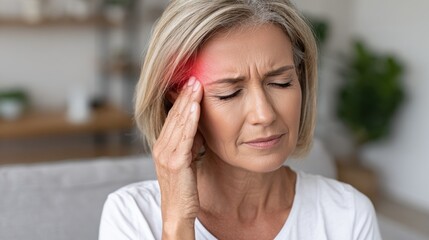 A distressed mature woman holds her temple, eyes closed and brow furrowed, experiencing a severe headache or migraine, with a red glow indicating intense pain.
